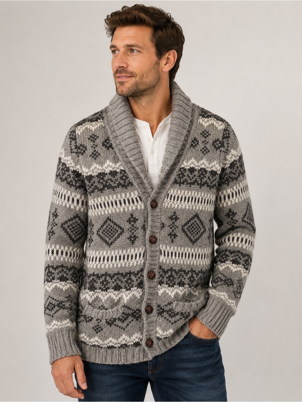 I Love H81 Shawl Collar Nordic Cardigan Sweater | Medium | Wool Blend